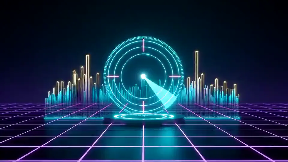 A holographic radar dial sweeps over rising and falling market waveforms on the TRON grid