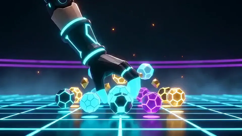 A glowing cyan gauntlet arranges faceted strategy orbs into formation above the grid floor