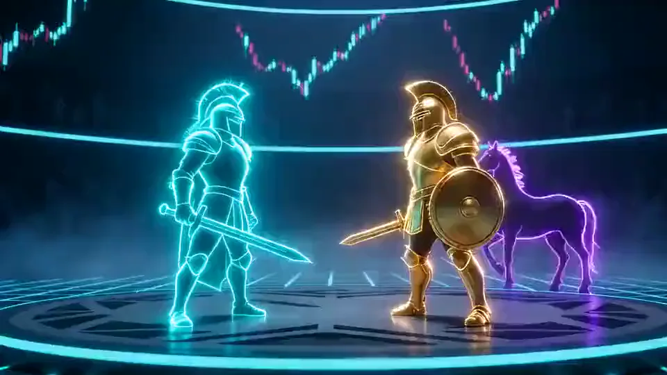 Two neon gladiators face off in the trading colosseum as candlestick charts glow across the arena walls